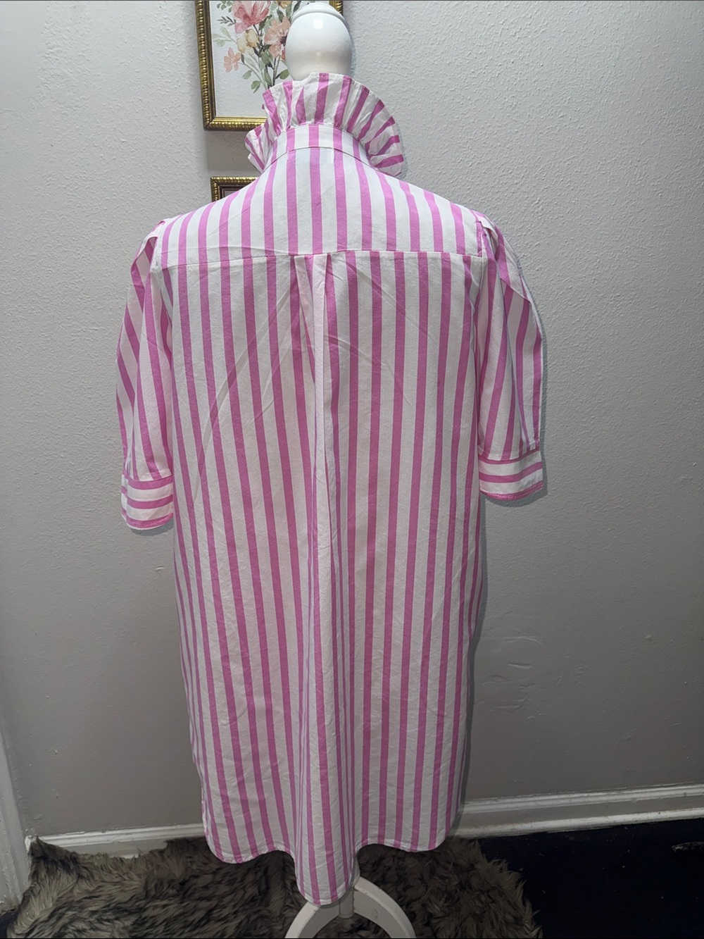 Adrienne Pink & White Striped Ruffle-Collar Midi Shirt Dress - Picture 7 of 7